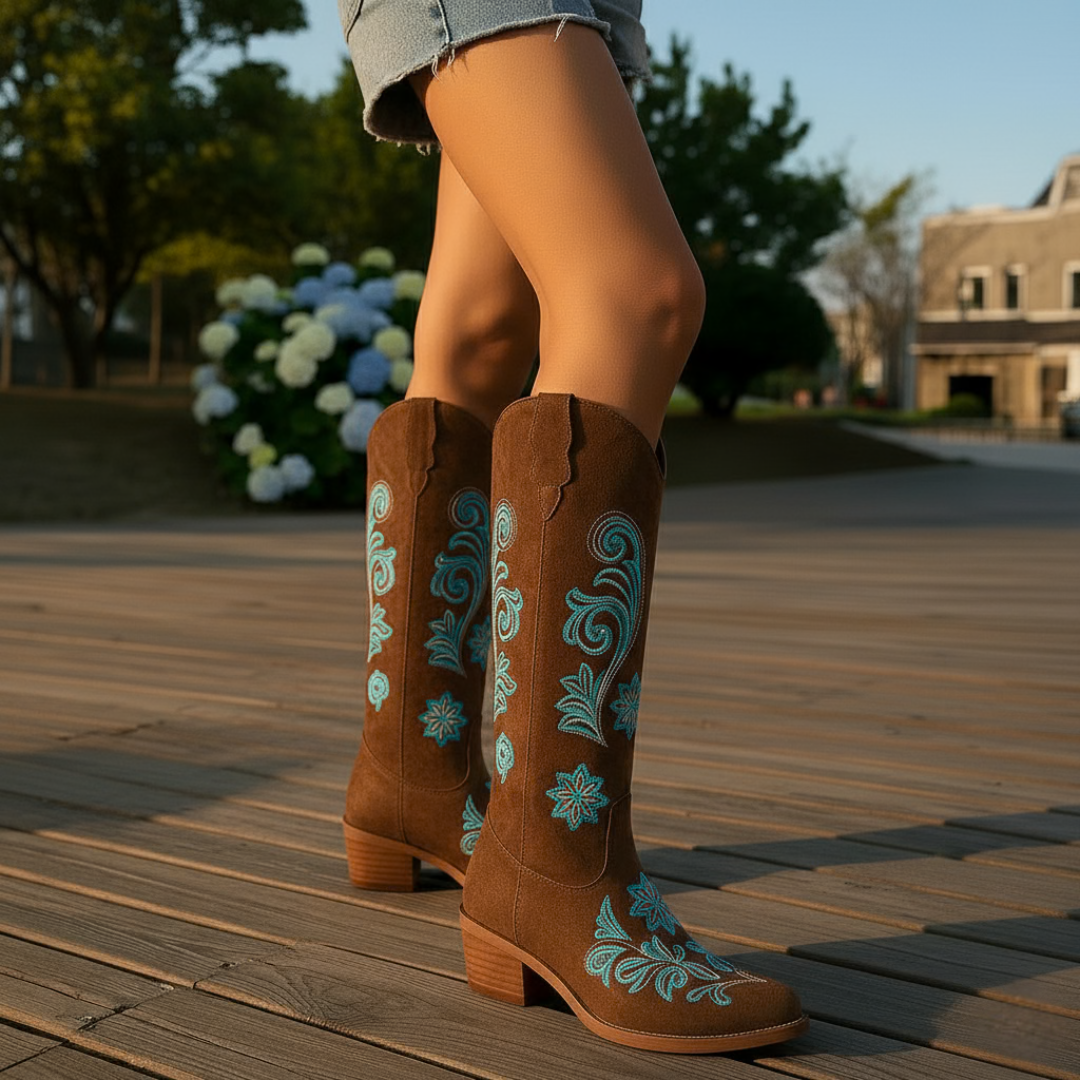 Women's Cowboy Boots with Floral Embroidery