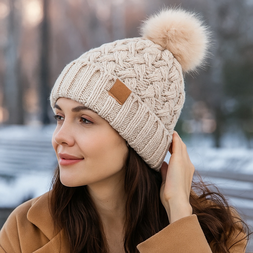 Winter Cable Knit Pom-Pom Beanie - Warm - Cozy
