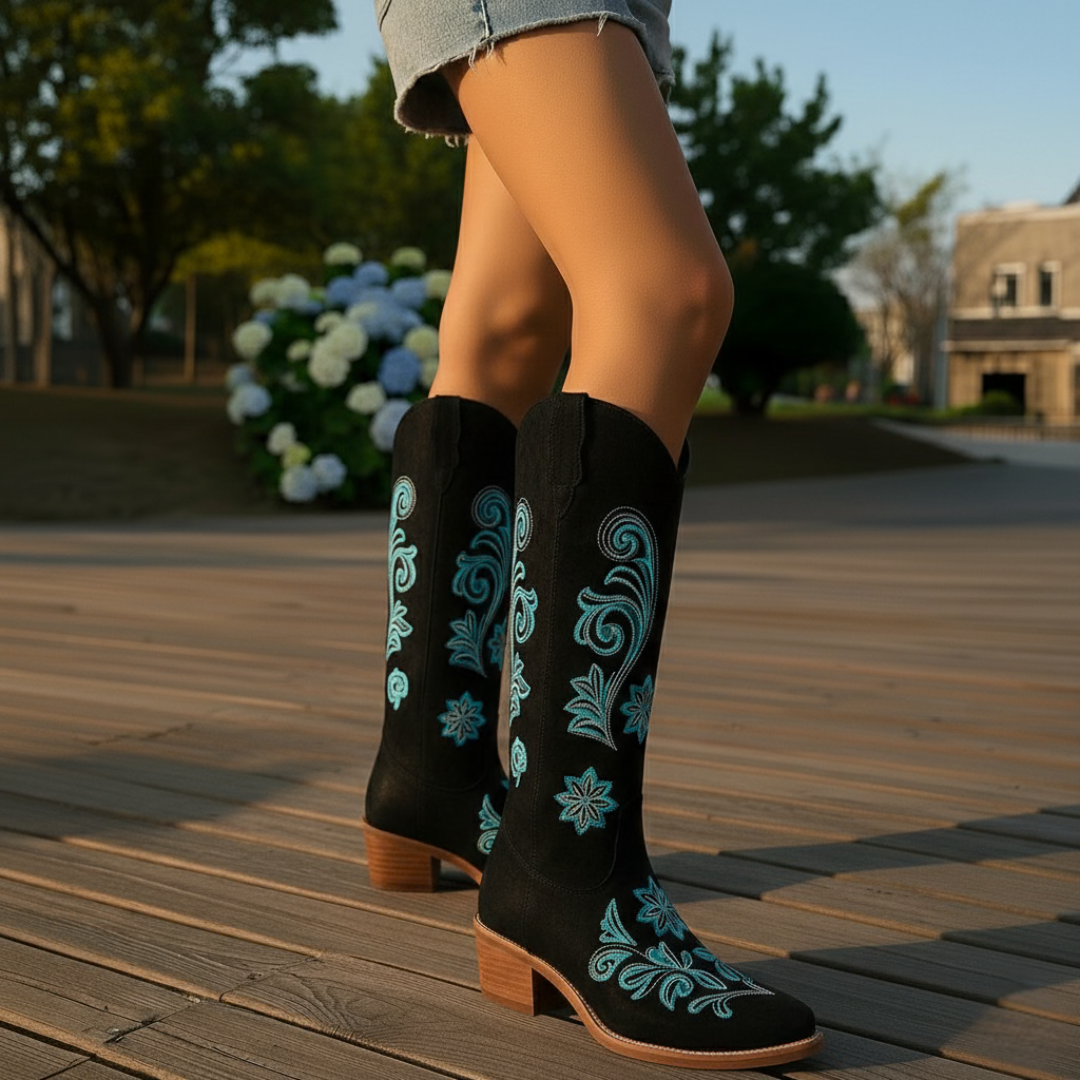 Women's Cowboy Boots with Floral Embroidery
