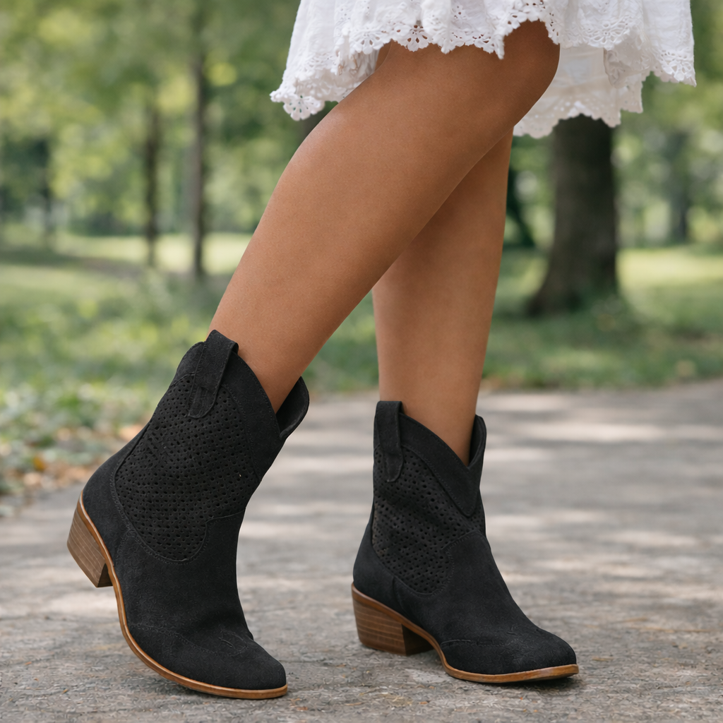 Women's Suede Cowboy Boots - Perforated Western Ankle Boots