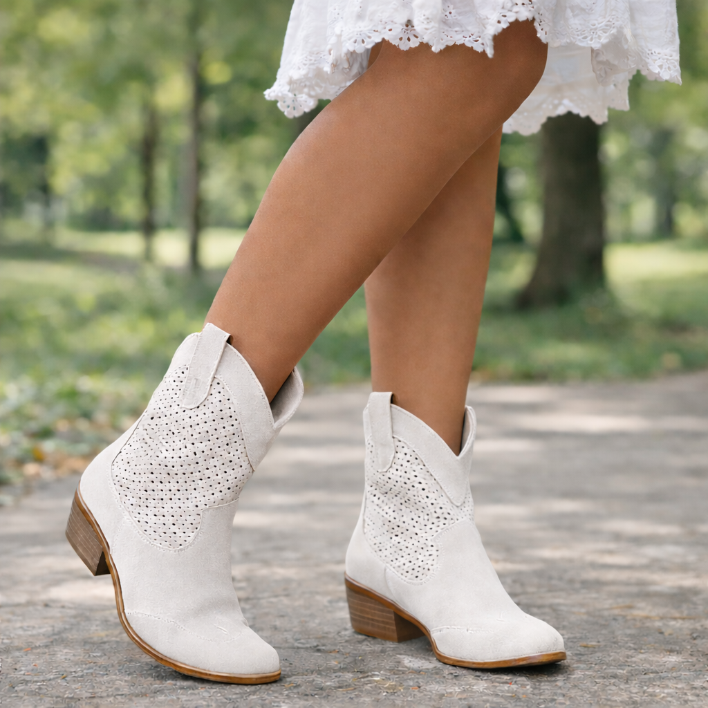 Women's Suede Cowboy Boots - Perforated Western Ankle Boots