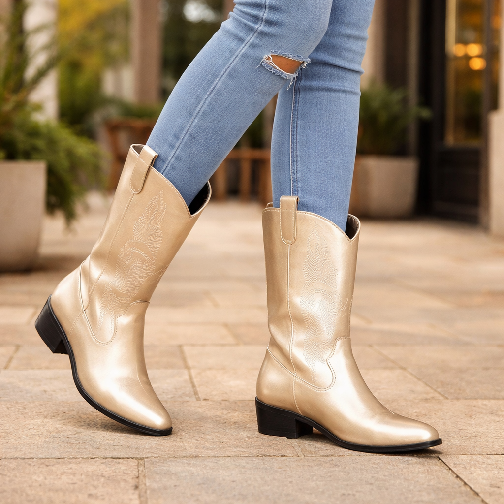 Women's - Shiny Metallic Cowboy Boots - Unique Design