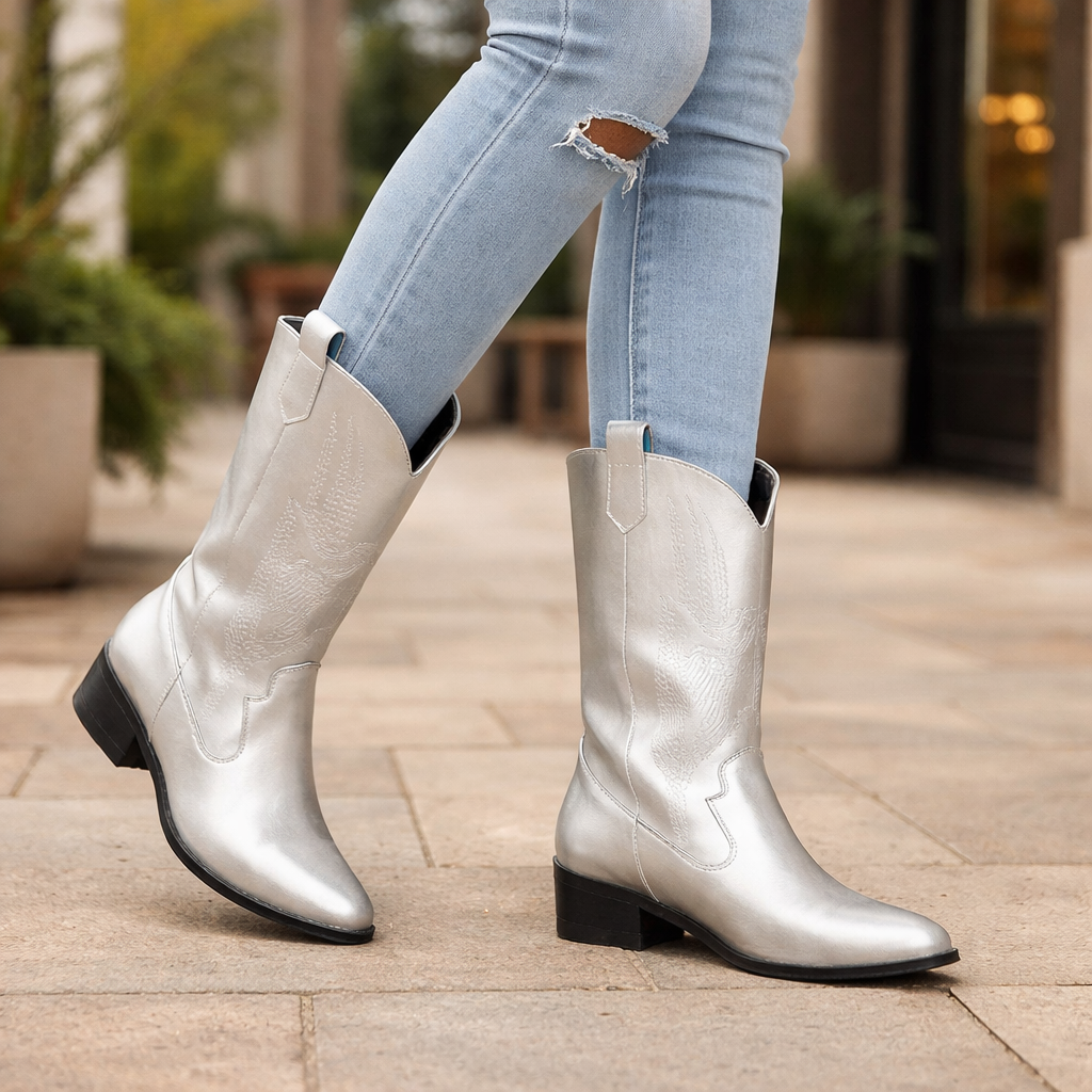 Women's - Shiny Metallic Cowboy Boots - Unique Design